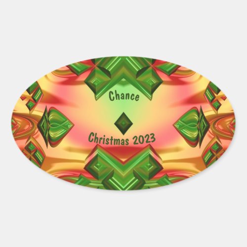 CHANCE CHRISTMAS 2023 Green Red Yellow Fractal   Oval Sticker