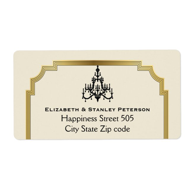 Chandelier and Art Deco border beige wedding Label (Front)