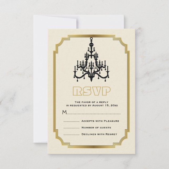 Chandelier and Art Deco border beige wedding RSVP Card (Front)
