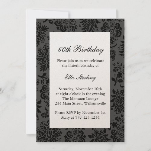 Chandelier and Damask Birthday Invite on champagne