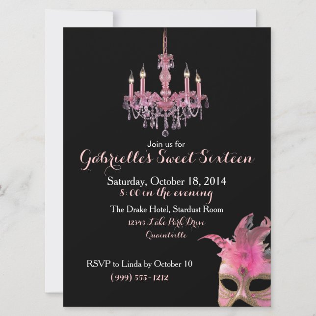 Chandelier and Masquerade Sweet 16 Invitations (Front)