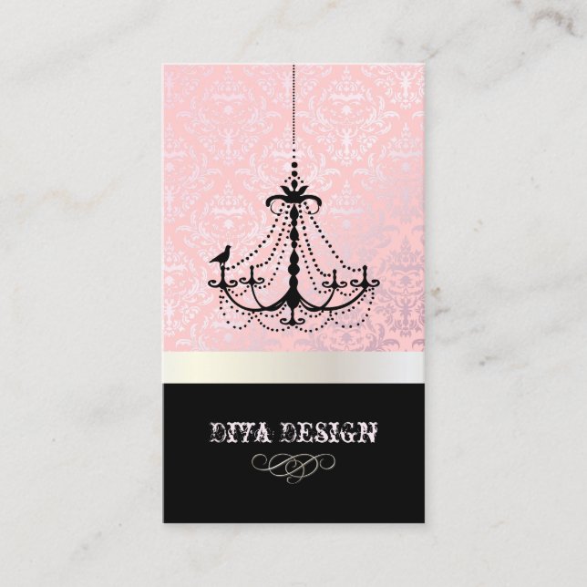 Chandelier + Baroque Céline damask /pearl + pink Business Card (Front)