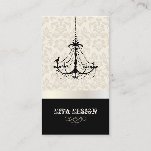 Chandelier + Baroque damask /pearl + bisque Business Cards