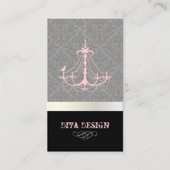 Chandelier + Baroque damask /pearl + pink Business Card (Front)