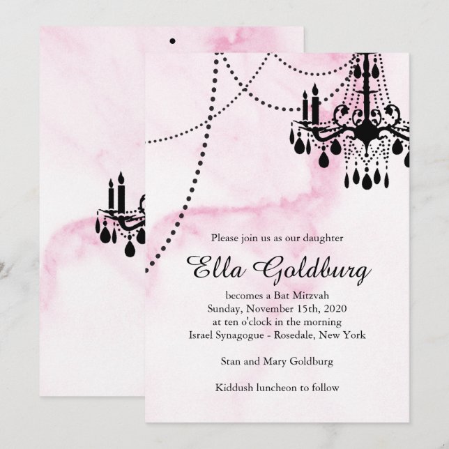 Chandelier Bat Mitzvah Invite on Pink Marble (Front/Back)