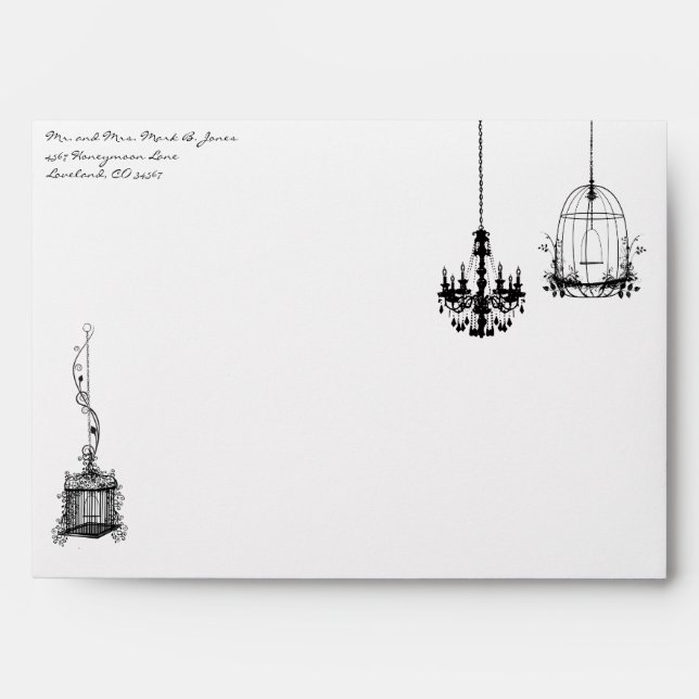 Chandelier Bird Cage Damask Wedding Envelopes (Front)
