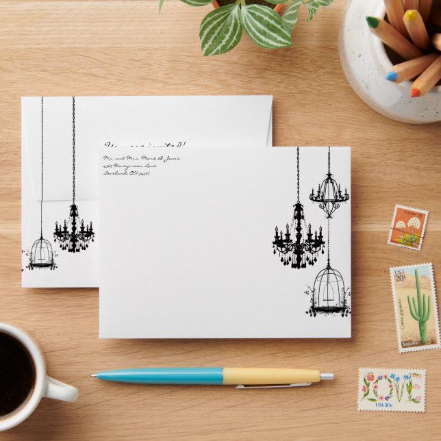 Chandelier Bird Cage Damask Wedding Envelopes (Desk)