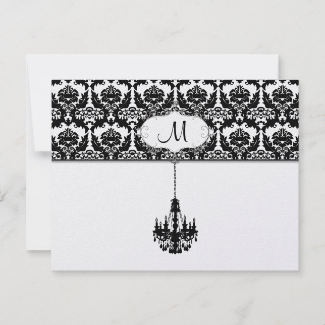 Chandelier Black Damask Wedding Response Cards (Front)