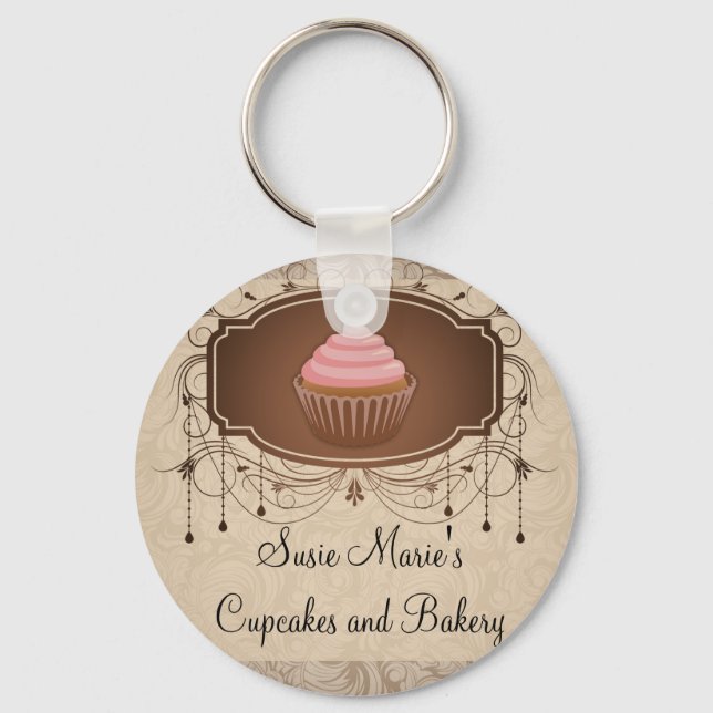 Chandelier Frame Cupcake Pink and Brown Damask Keychain (Front)