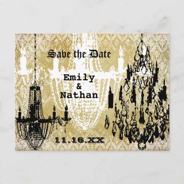 Chandelier Gold Black and White Distressed Damask Announcement Postcard (Front)