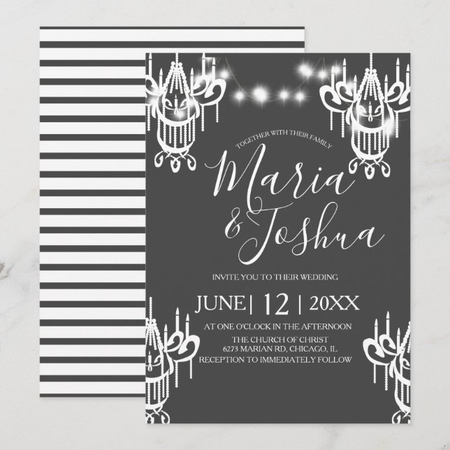 Chandelier Halloween Wedding Gray and White Light Invitation (Front/Back)