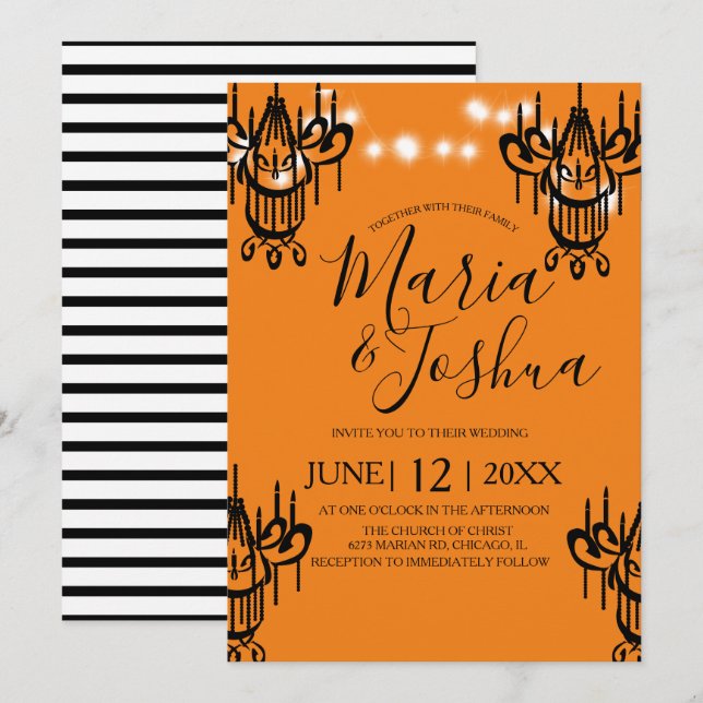 Chandelier Halloween Wedding Orange Black Light Invitation (Front/Back)