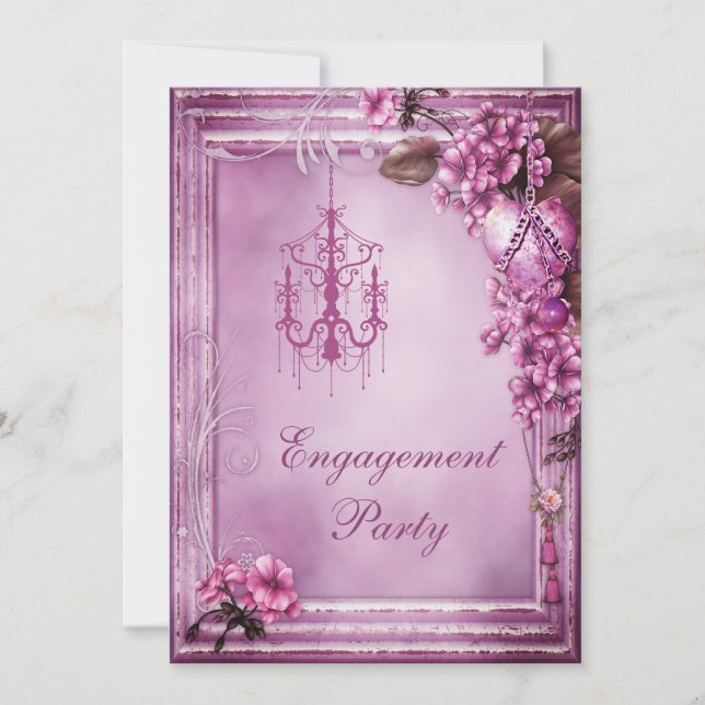 Chandelier, Heart & Flowers Frame Engagement Invitation (Front)