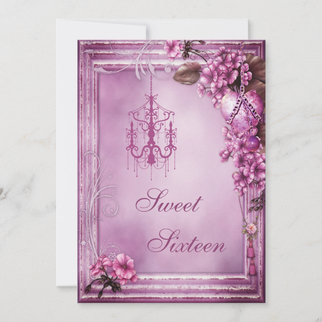 Chandelier, Heart & Flowers Frame Sweet 16 Invitation (Front)