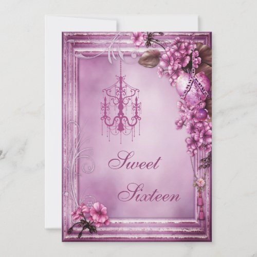 Chandelier Heart  Flowers Frame Sweet 16 Invitation