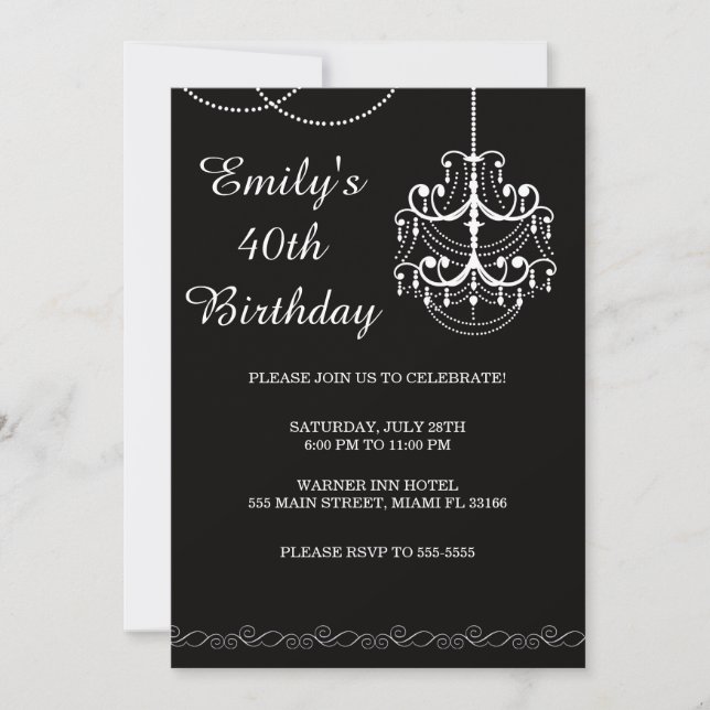Chandelier Invitation Adult Birthday Party Black (Front)