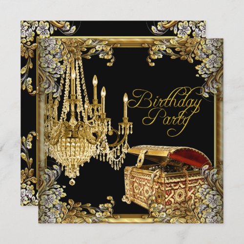 Chandelier Jewel Box Gold Black Birthday Party Invitation