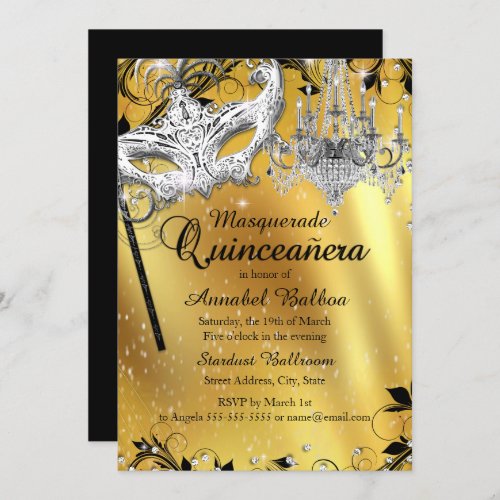 Chandelier Masquerade Gold Quinceanera Invite