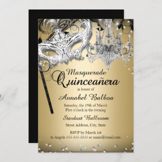 Chandelier Masquerade Gold Quinceanera Invite