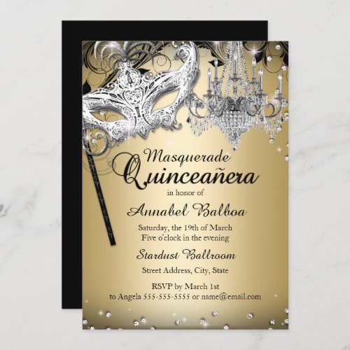 Chandelier Masquerade Gold Quinceanera Invite