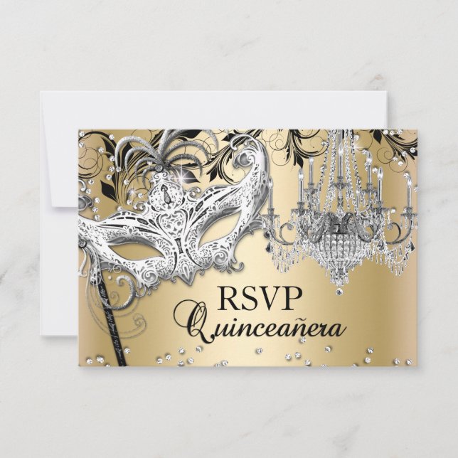 Chandelier Masquerade Gold Quinceanera RSVP (Front)