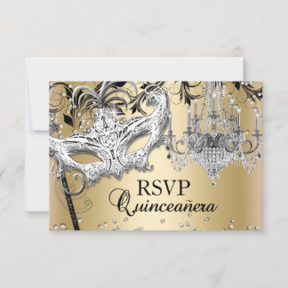 Chandelier Masquerade Gold Quinceanera RSVP Card
