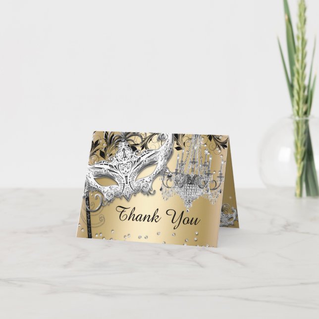 Chandelier Masquerade Gold Thank You Card (Front)