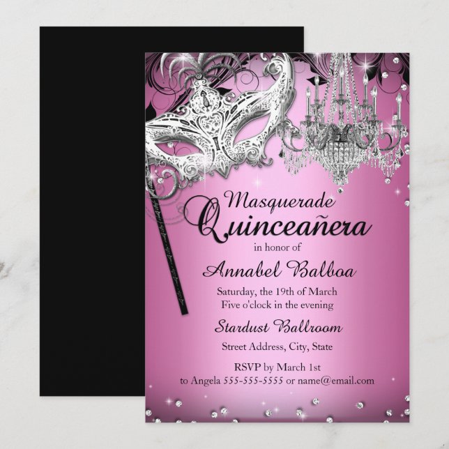 Chandelier Masquerade Pink Quinceanera Invite (Front/Back)