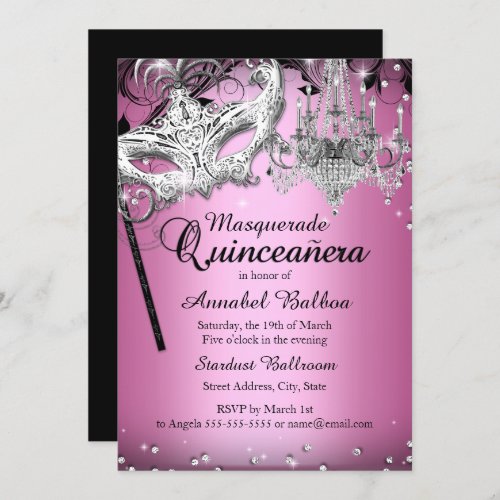 Chandelier Masquerade Pink Quinceanera Invite