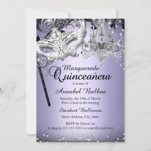 Chandelier Masquerade Purple Quinceanera Invite