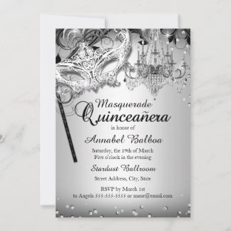 Chandelier Masquerade Silver Quinceanera Invite