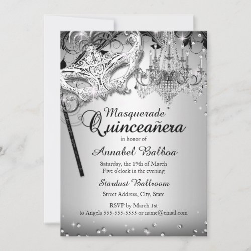 Chandelier Masquerade Silver Quinceanera Invite
