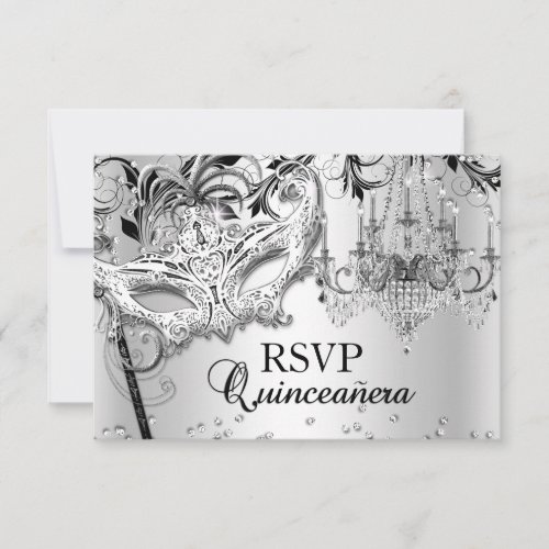 Chandelier Masquerade Silver Quinceanera RSVP Invitation