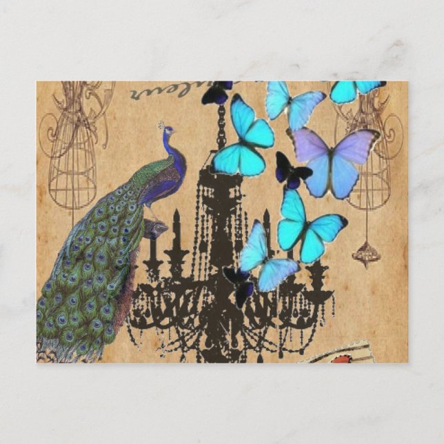 chandelier modern vintage peacock blue butterfly postcard (Front)