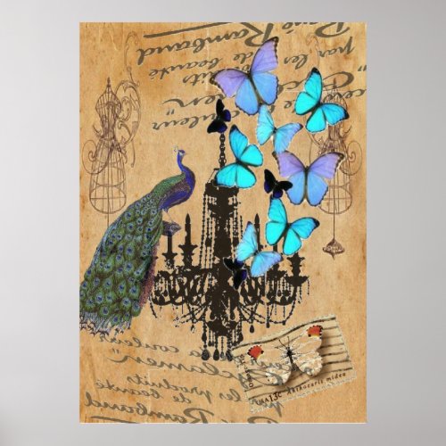 chandelier modern vintage peacock blue butterfly poster