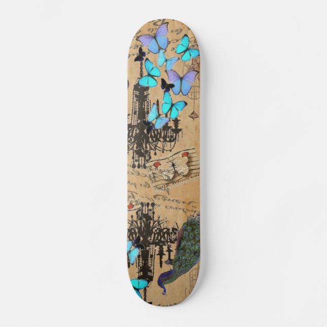 chandelier modern vintage peacock blue butterfly skateboard deck (Front)
