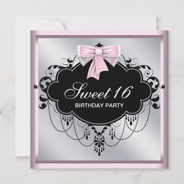 Chandelier Pink Black Sweet 16 Birthday Party Invitation (Front)