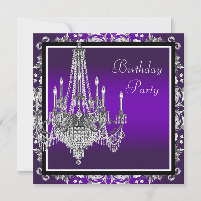 Chandelier Purple Damask Birthday Party Invitation (Front)