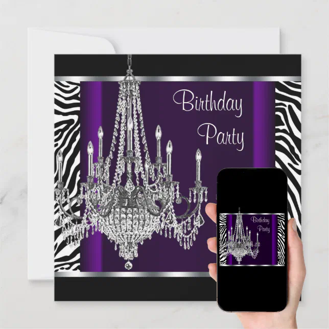 Chandelier Purple Zebra Birthday Party Invitation | Zazzle