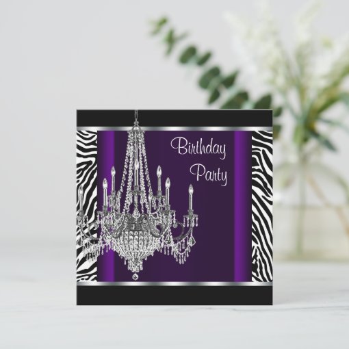 Chandelier Purple Zebra Birthday Party Invitation | Zazzle