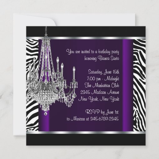 Chandelier Purple Zebra Birthday Party Invitation | Zazzle
