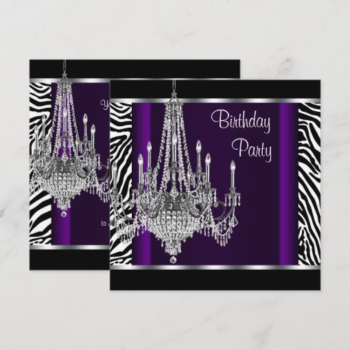Chandelier Purple Zebra Birthday Party Invitation | Zazzle
