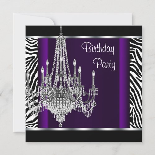 Chandelier Purple Zebra Birthday Party Invitation
