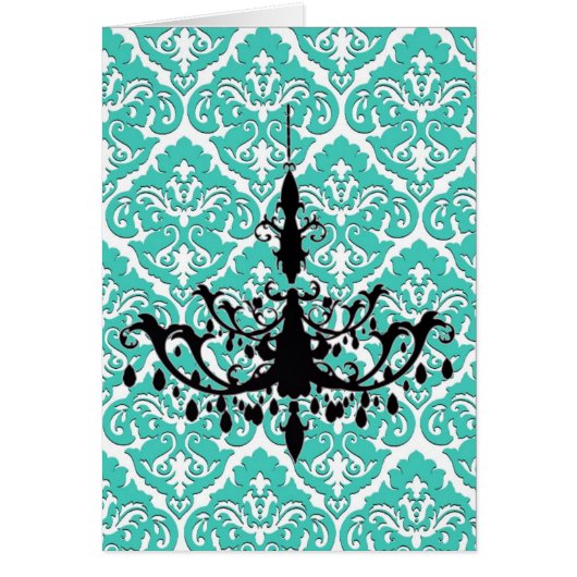 Chandelier Silhouette Teal Damask Cards (Front)