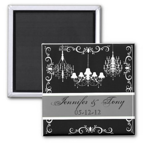 Chandeliers Black and Gray Names and Date Magnet