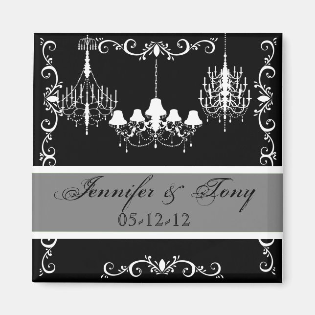 Chandeliers Black and Gray Names and Date Magnet (Front)