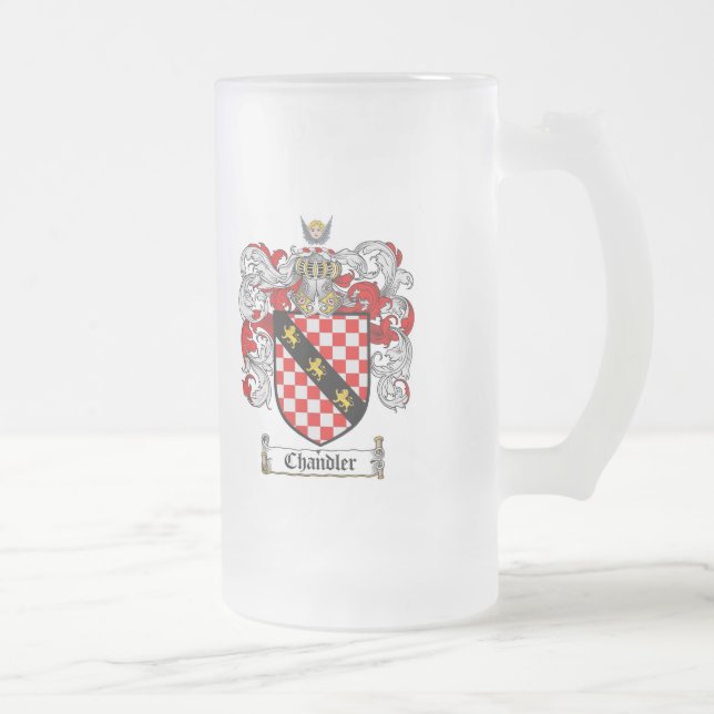 CHANDLER FAMILY CREST -  CHANDLER COAT OF ARMS FROSTED GLASS BEER MUG (Right)
