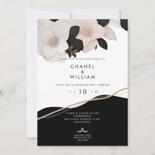 Chanel black and white bejeweled floral wedding invitation