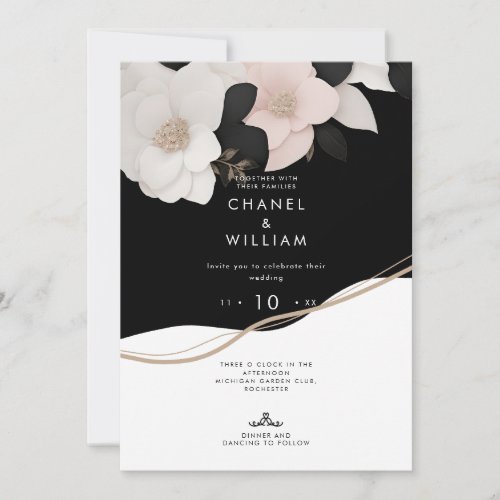 Chanel_inspired black and white floral wedding invitation