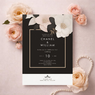 Chanel-inspired black floral wedding invitation